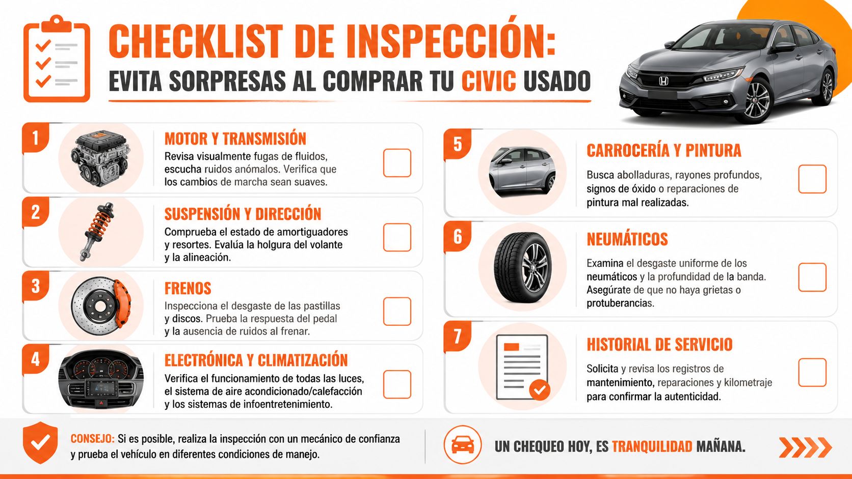 Lista de verificación para inspeccionar un Honda Civic usado y evitar sorpresas durante su compra.