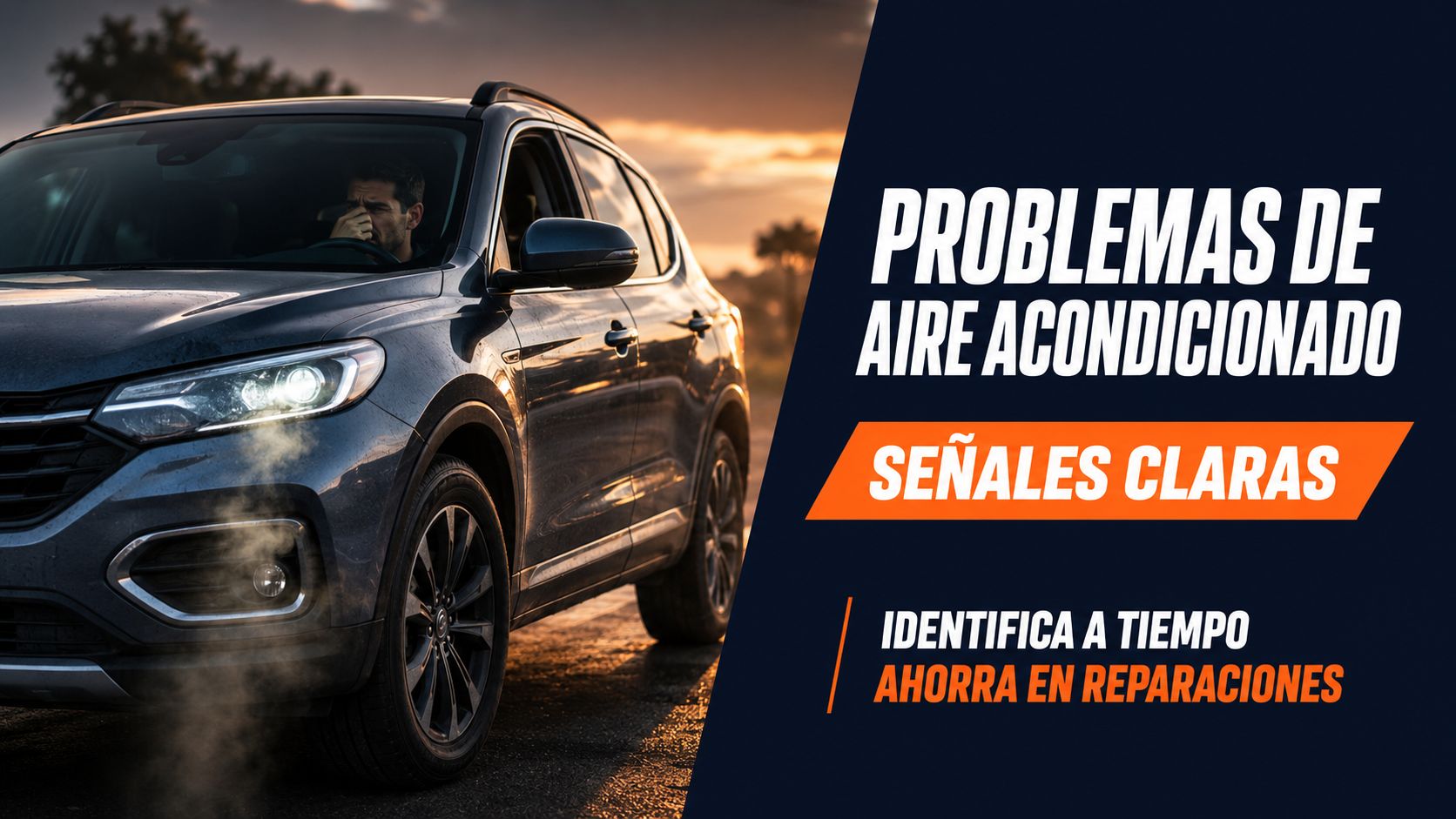 Un hombre estresado conduciendo un auto con problemas en el sistema de aire acondicionado a la luz del atardecer.