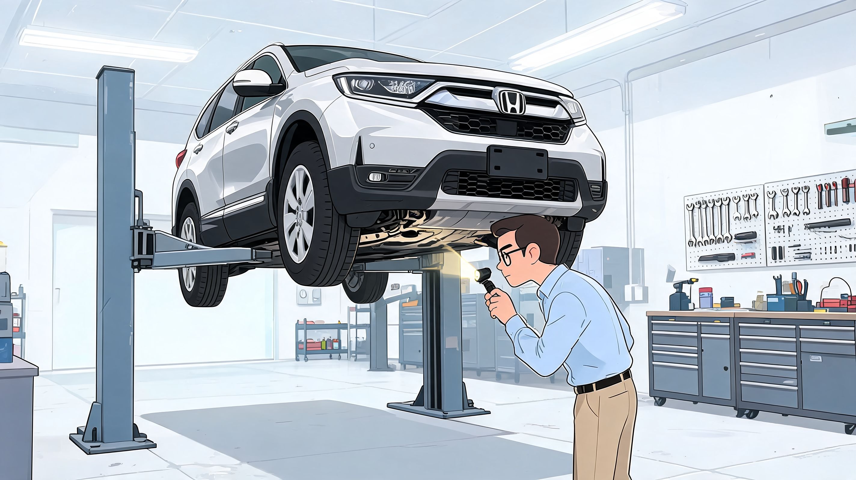 Un mecánico revisa los bajos de un vehículo Honda CRV elevado en un taller de reparación automotriz.