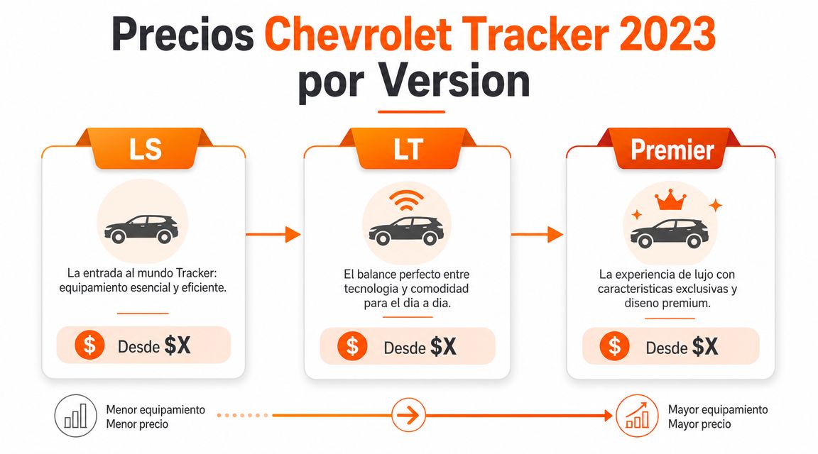 Comparativa de las versiones LS, LT y Premier de la Chevrolet Tracker 2023 con sus niveles de equipamiento.