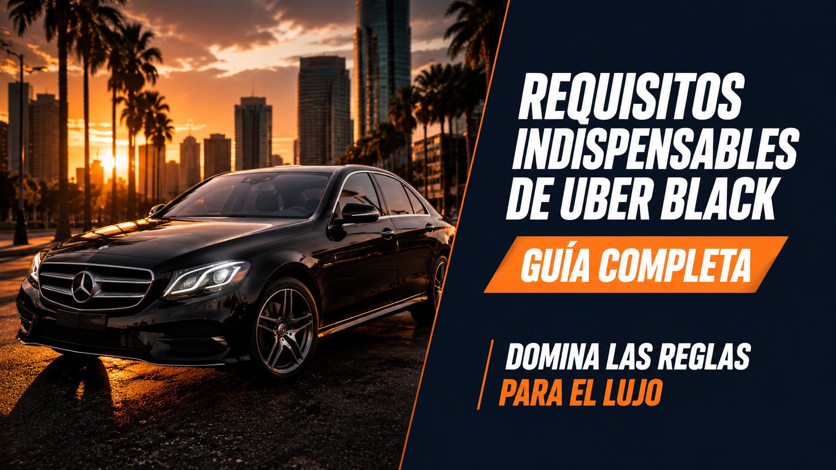 Un lujoso coche Mercedes Benz negro aparcado en una ciudad al atardecer para Uber Black.