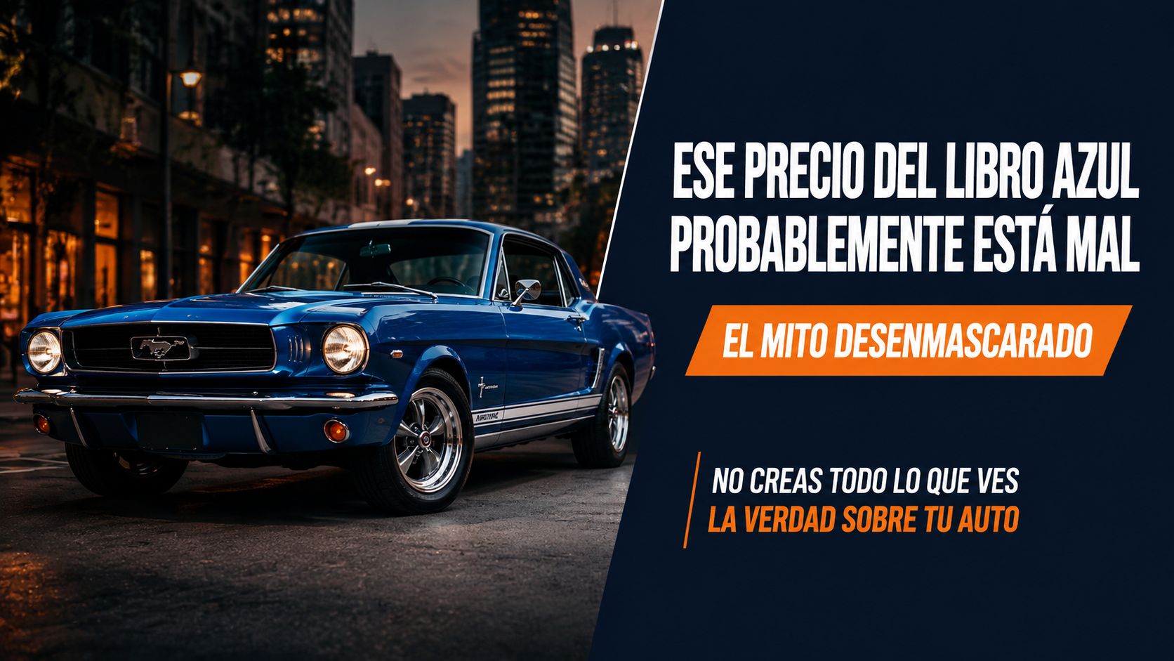 Un Ford Mustang azul estacionado en una calle urbana con texto sobre el precio del libro azul.