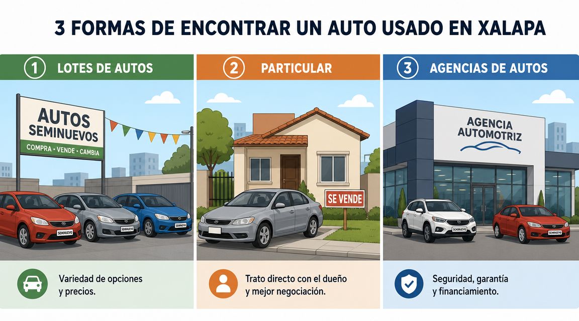 Tres opciones para comprar autos seminuevos en Xalapa: lotes, trato particular o agencias automotrices.