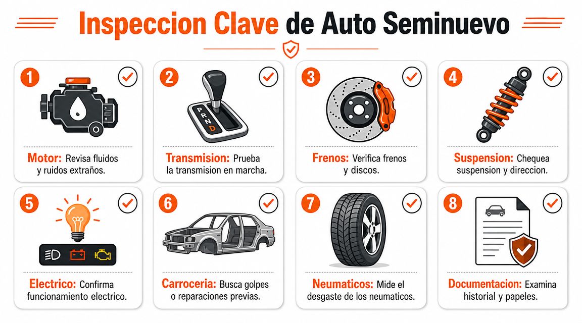 Infografía con ocho puntos clave para realizar una inspección detallada al comprar un automóvil seminuevo en buen estado.