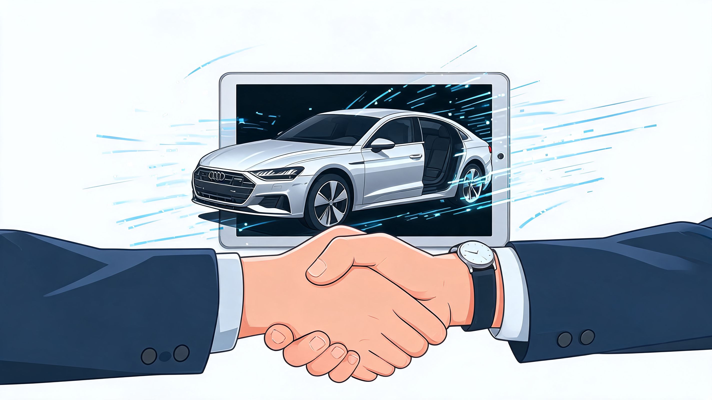 Dos personas dándose la mano frente a una tableta que muestra un coche Audi moderno.