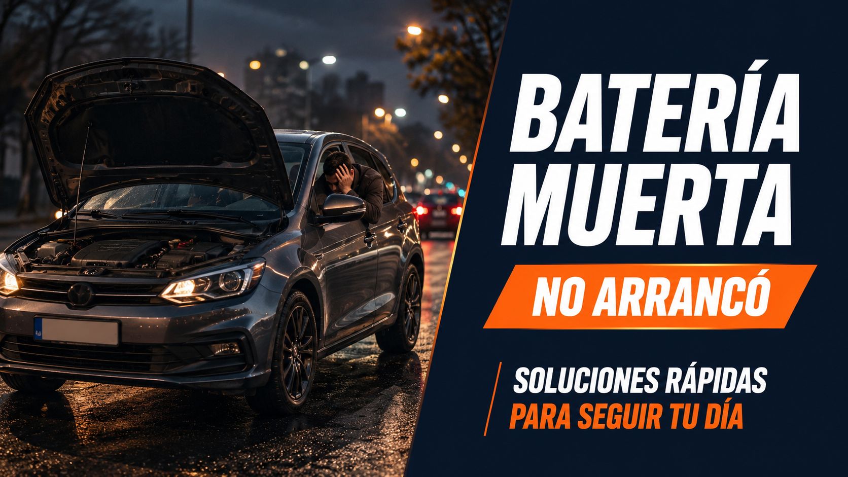 Conductor estresado con el capó de su coche abierto por una batería descargada en una calle nocturna.