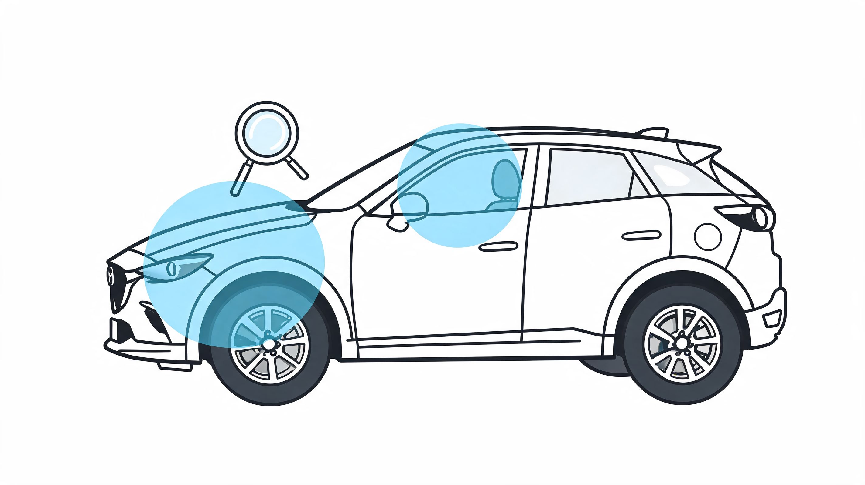 Dibujo lineal de perfil de un Mazda CX-3 con iconos de lupa destacando partes del vehículo.