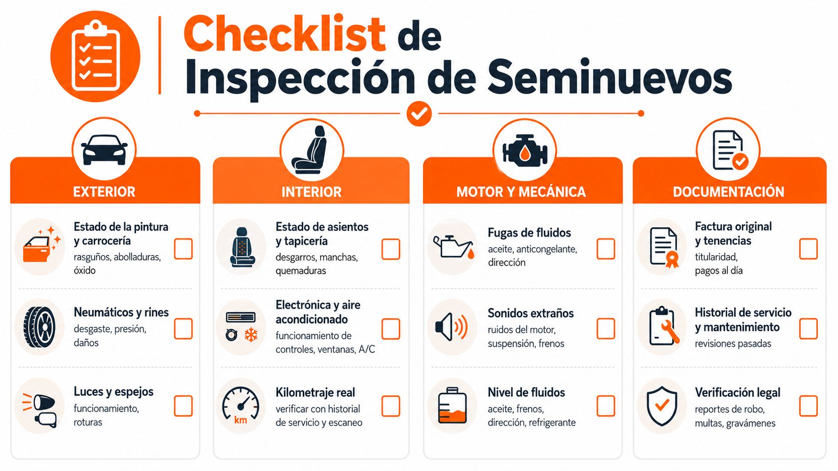 Lista de verificación para la inspección detallada de vehículos seminuevos, incluyendo exterior, interior, mecánica y documentación legal.