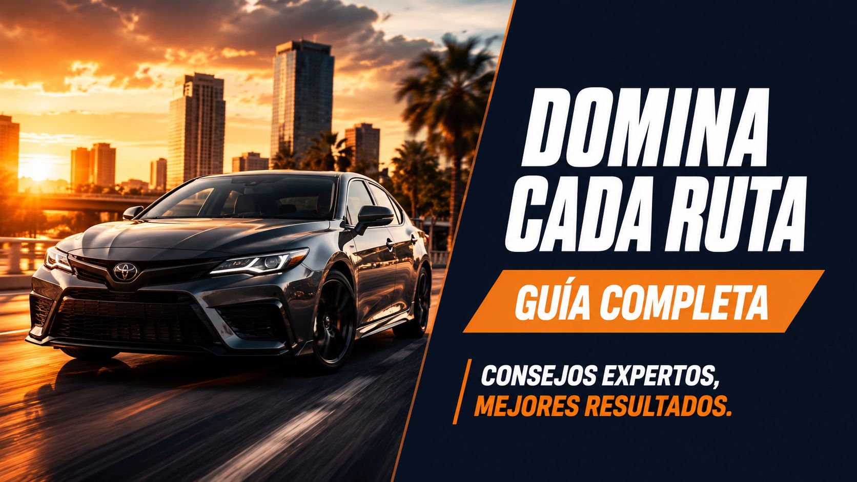 Un elegante coche negro Toyota circula por una carretera urbana durante una puesta de sol espectacular.