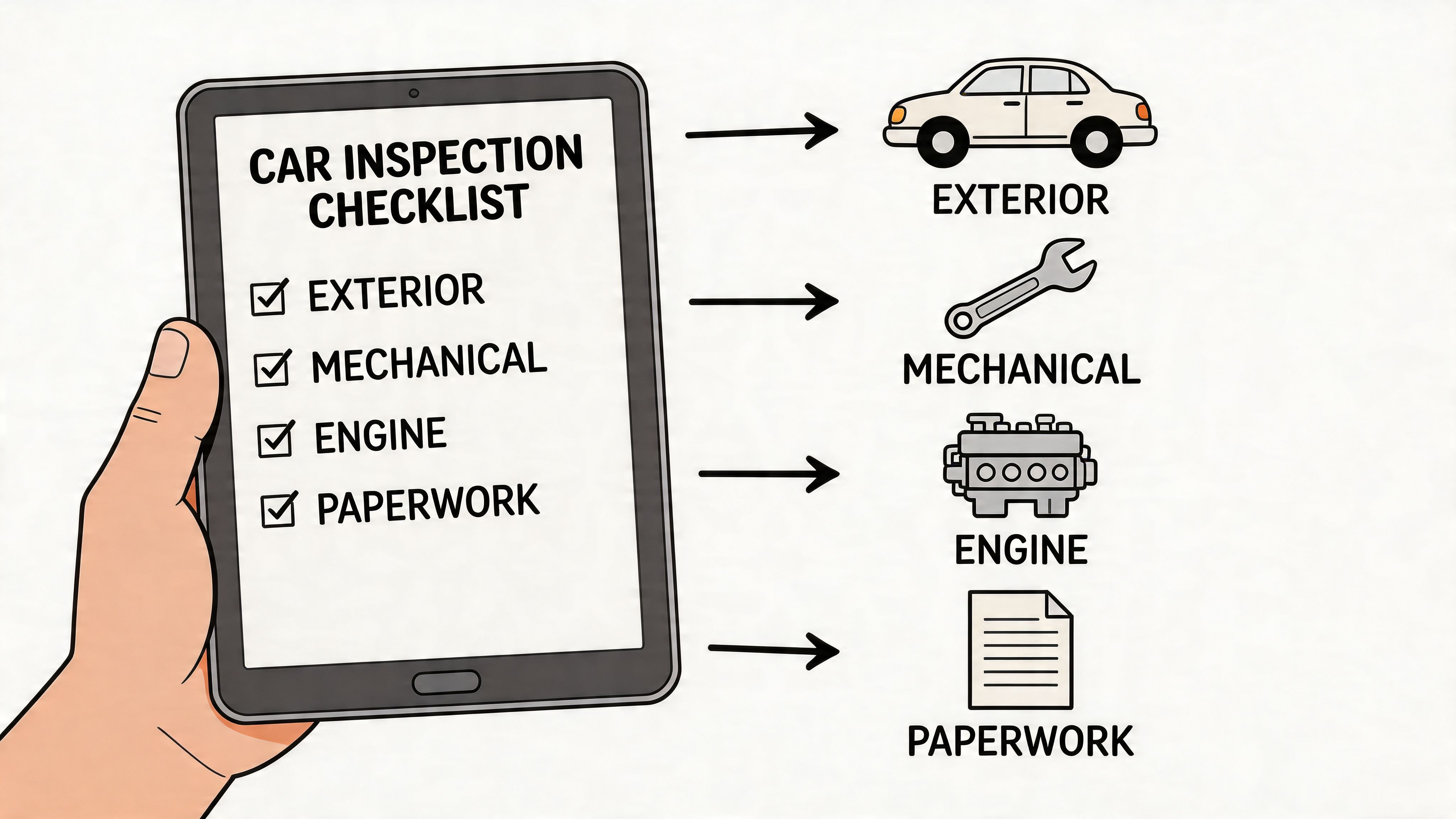 Una mano sosteniendo una tableta mostrando una lista de verificación de inspección vehicular con cuatro categorías.