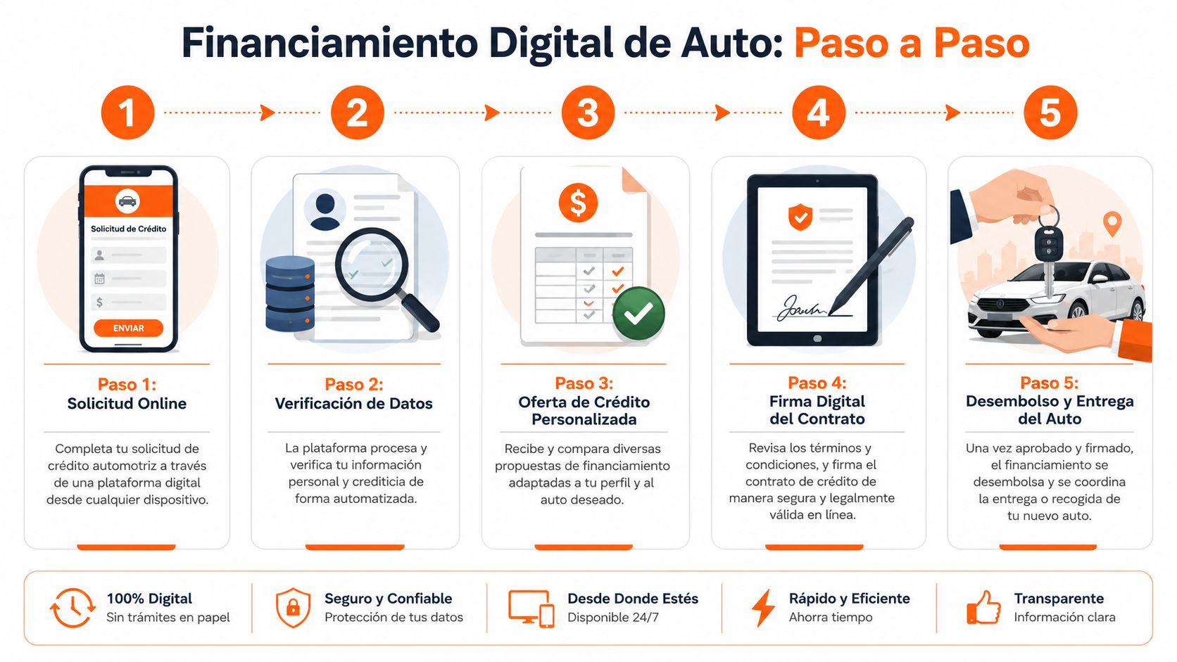 Infografía que explica los cinco pasos del proceso de financiamiento digital para la compra de un automóvil.