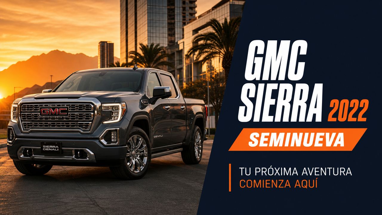 Una camioneta GMC Sierra 2022 seminueva estacionada frente a un edificio moderno durante el atardecer.