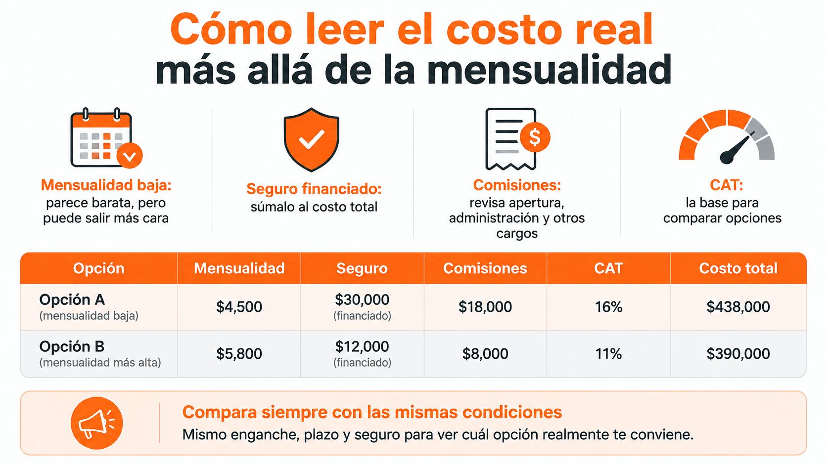 Infografía sobre cómo calcular el costo total de un crédito automotriz más allá de la mensualidad.