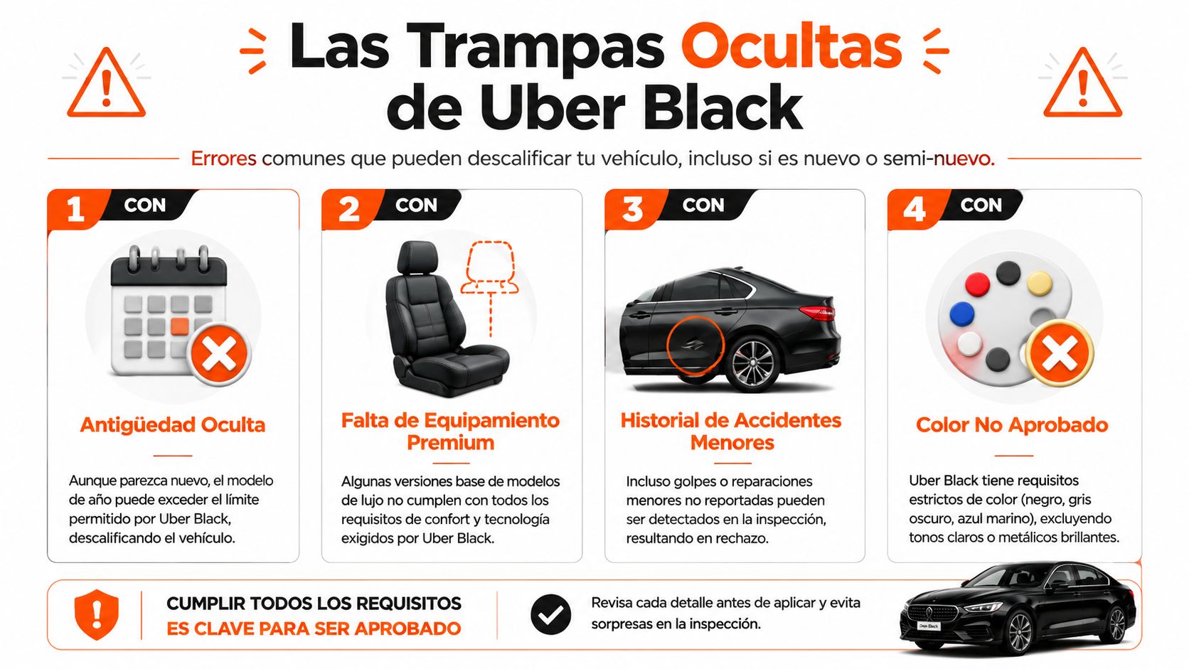 Infografía sobre las trampas y requisitos ocultos que pueden descalificar vehículos para el servicio de Uber Black.