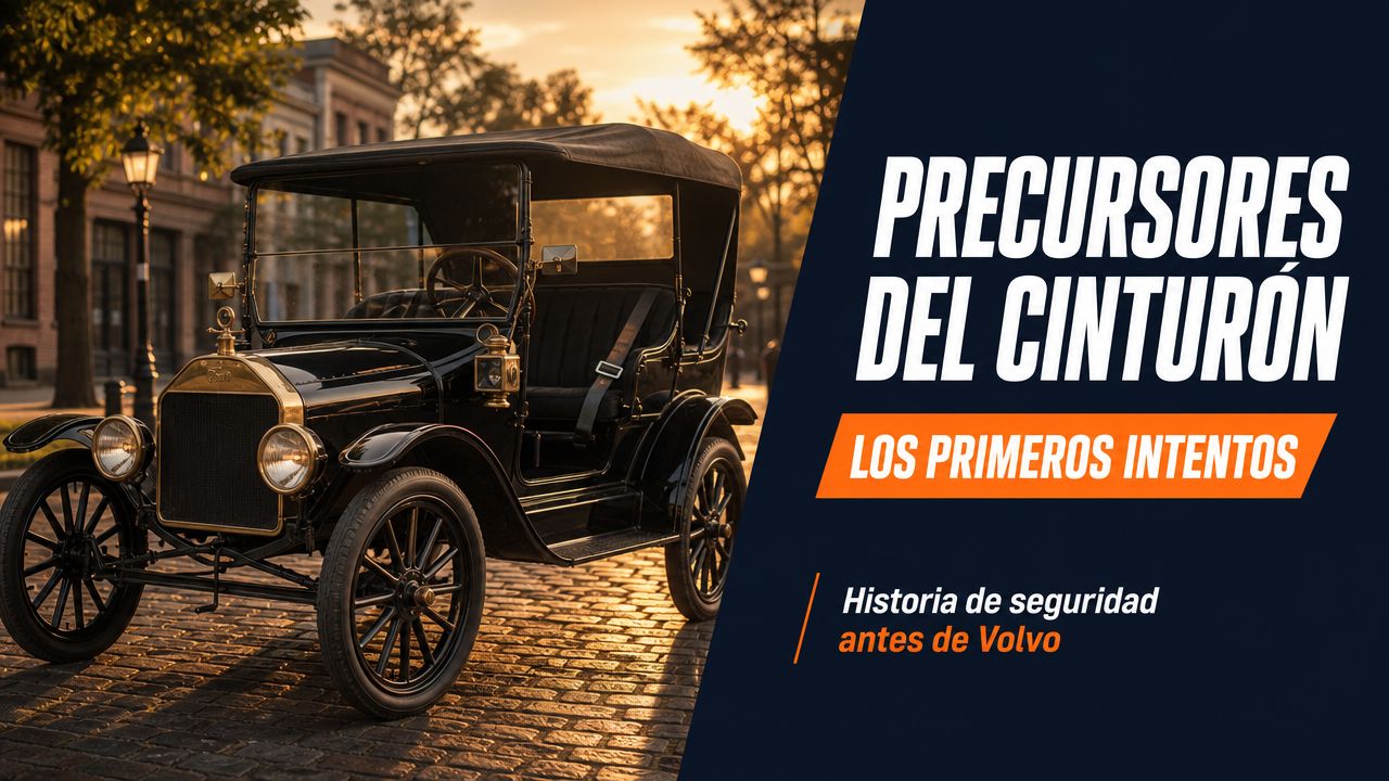 Un coche antiguo de época circulando por una calle adoquinada, destacando la historia de la seguridad automotriz.