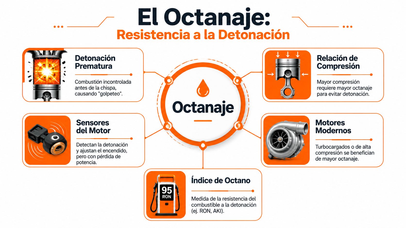 Infografía sobre el octanaje, explicando la resistencia del combustible a la detonación y los factores del motor.