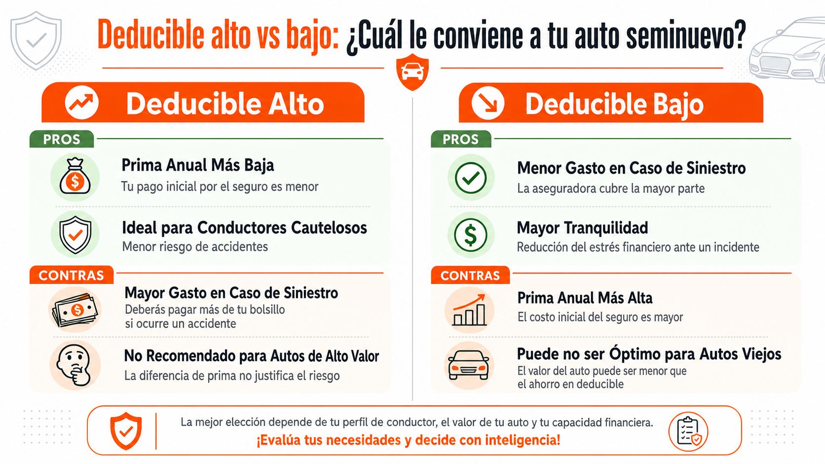 Infografía comparativa entre deducible alto y bajo en seguros de auto para tomar mejores decisiones financieras.