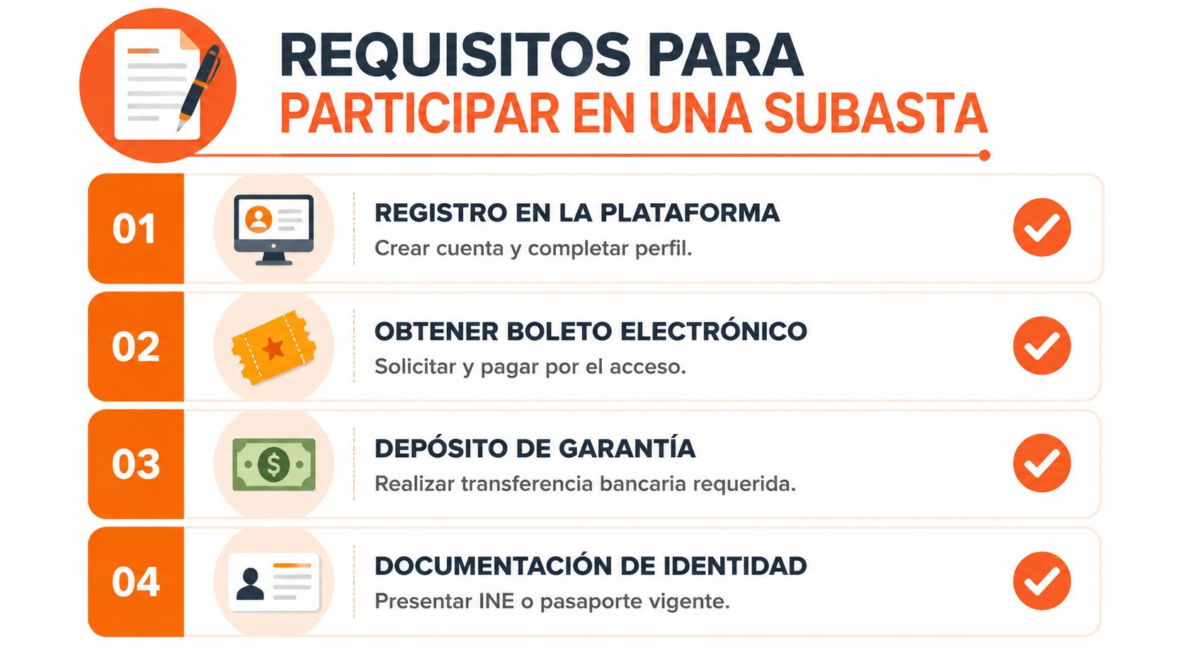 Infografía que detalla los cuatro requisitos necesarios para participar en un proceso de subasta de forma segura.