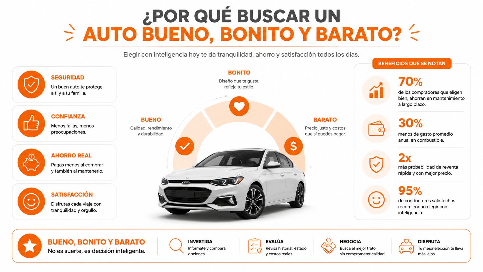 Infografía sobre cómo elegir un auto bueno, bonito y barato mediante decisiones inteligentes y evaluando beneficios clave.