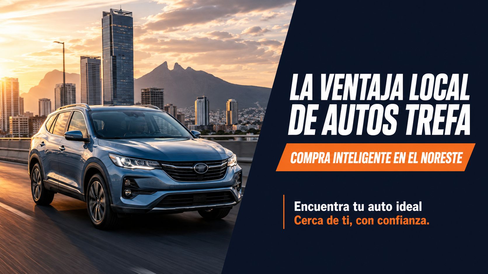 Un automóvil moderno circulando por una carretera con edificios y montañas al fondo al atardecer.
