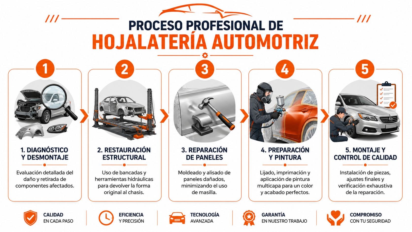 Infografía del proceso profesional de hojalatería automotriz dividido en cinco etapas clave de reparación y pintura.