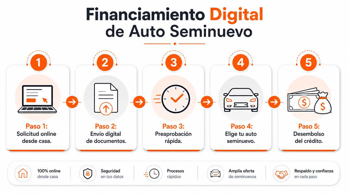 Infografía de cinco pasos para obtener financiamiento digital de autos seminuevos de manera rápida y segura.