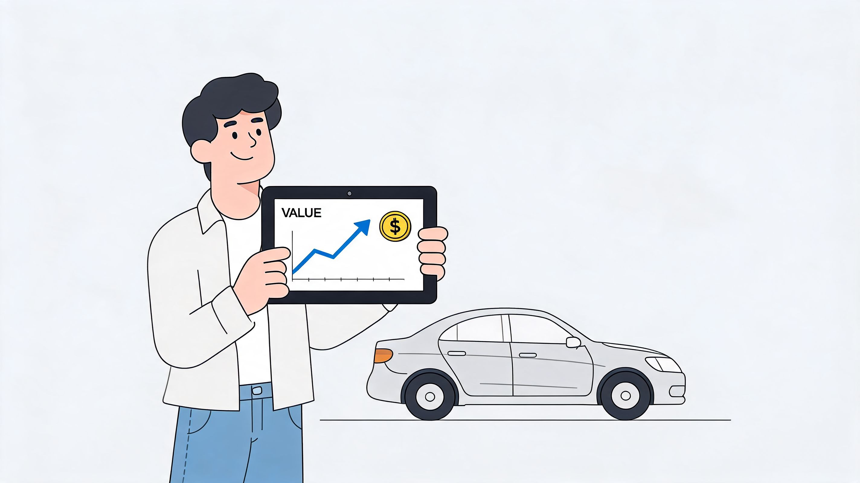 Una ilustración de un joven mostrando un gráfico de valor creciente junto a un automóvil moderno.
