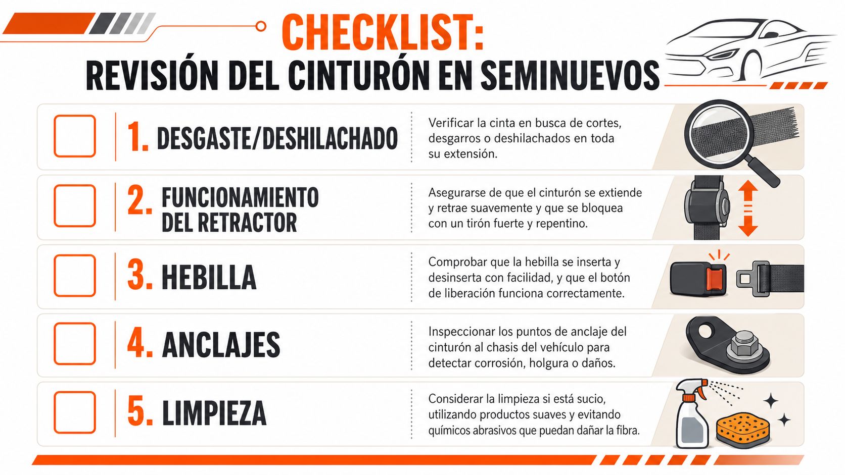 Lista de verificación para la inspección de seguridad de cinturones en vehículos usados, mostrando los cinco puntos clave.