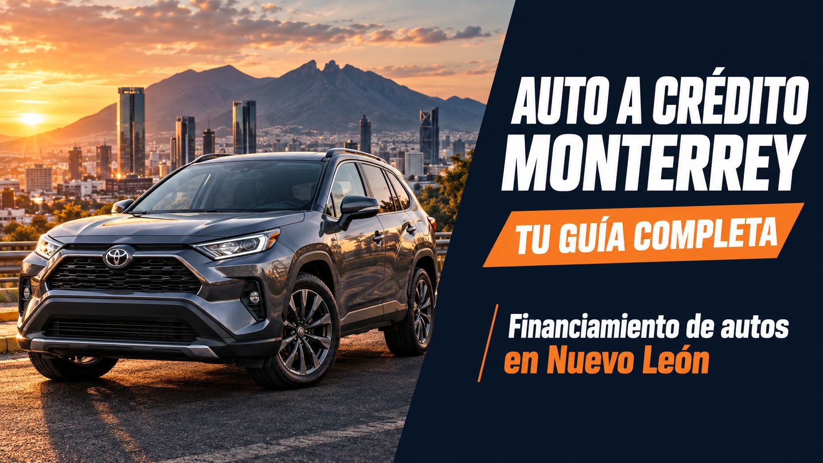 Una camioneta Toyota gris estacionada en una carretera con el horizonte de la ciudad de Monterrey de fondo.