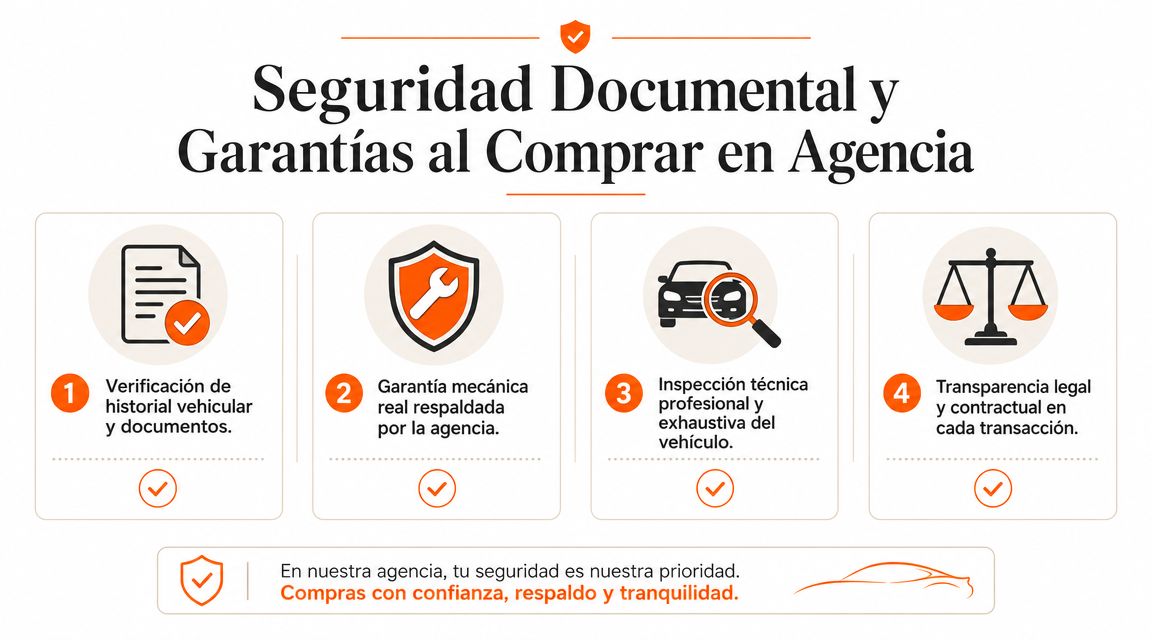 Infografía sobre beneficios de comprar un vehículo usado en agencia con seguridad documental y garantías mecánicas.