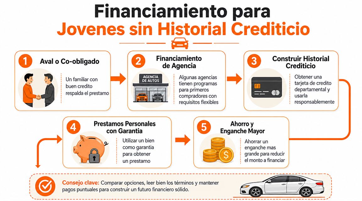 Infografía sobre opciones de financiamiento automotriz para jóvenes que no tienen un historial crediticio previo.