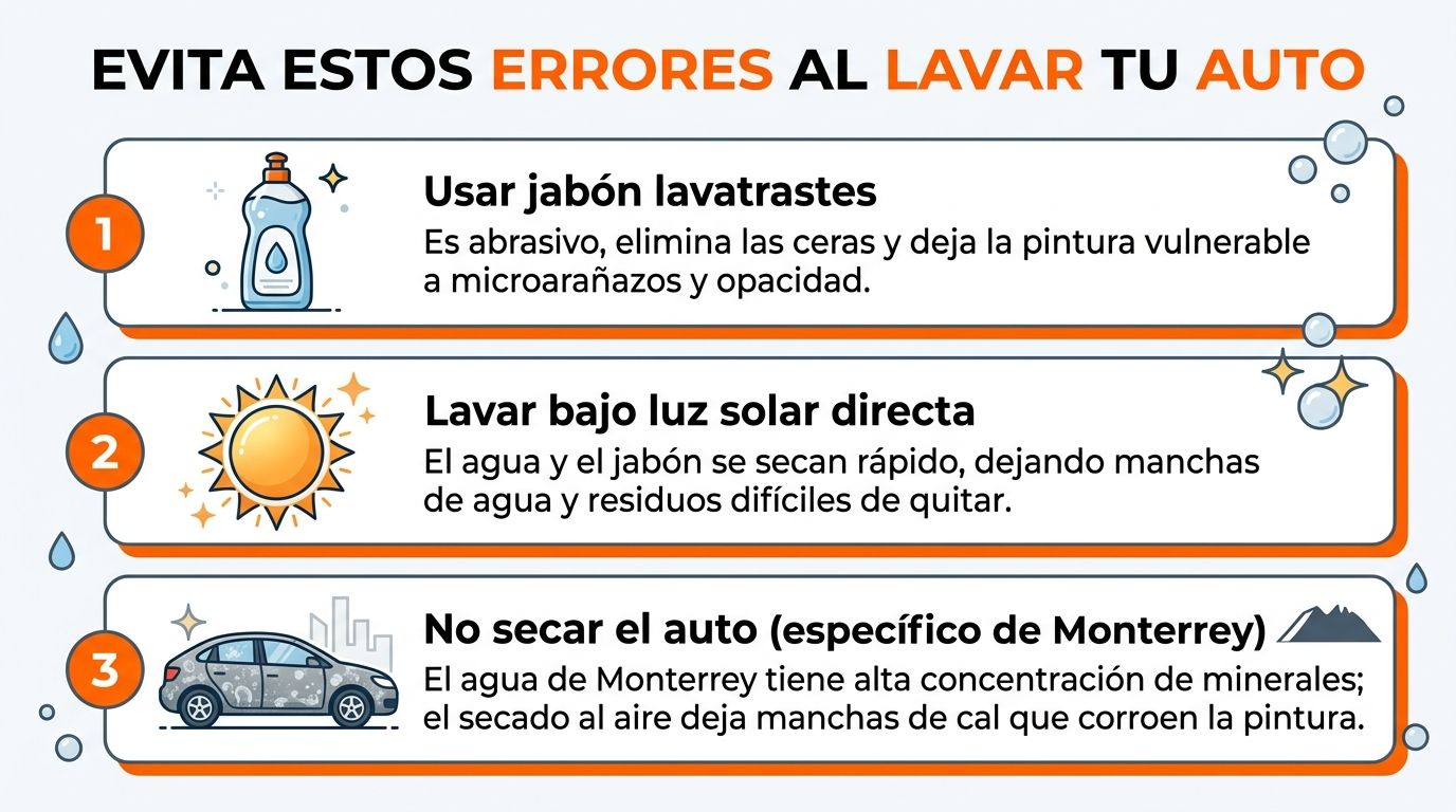 Infografía sobre tres errores comunes al lavar un auto: usar jabón lavatrastes, lavar bajo el sol y no secar.