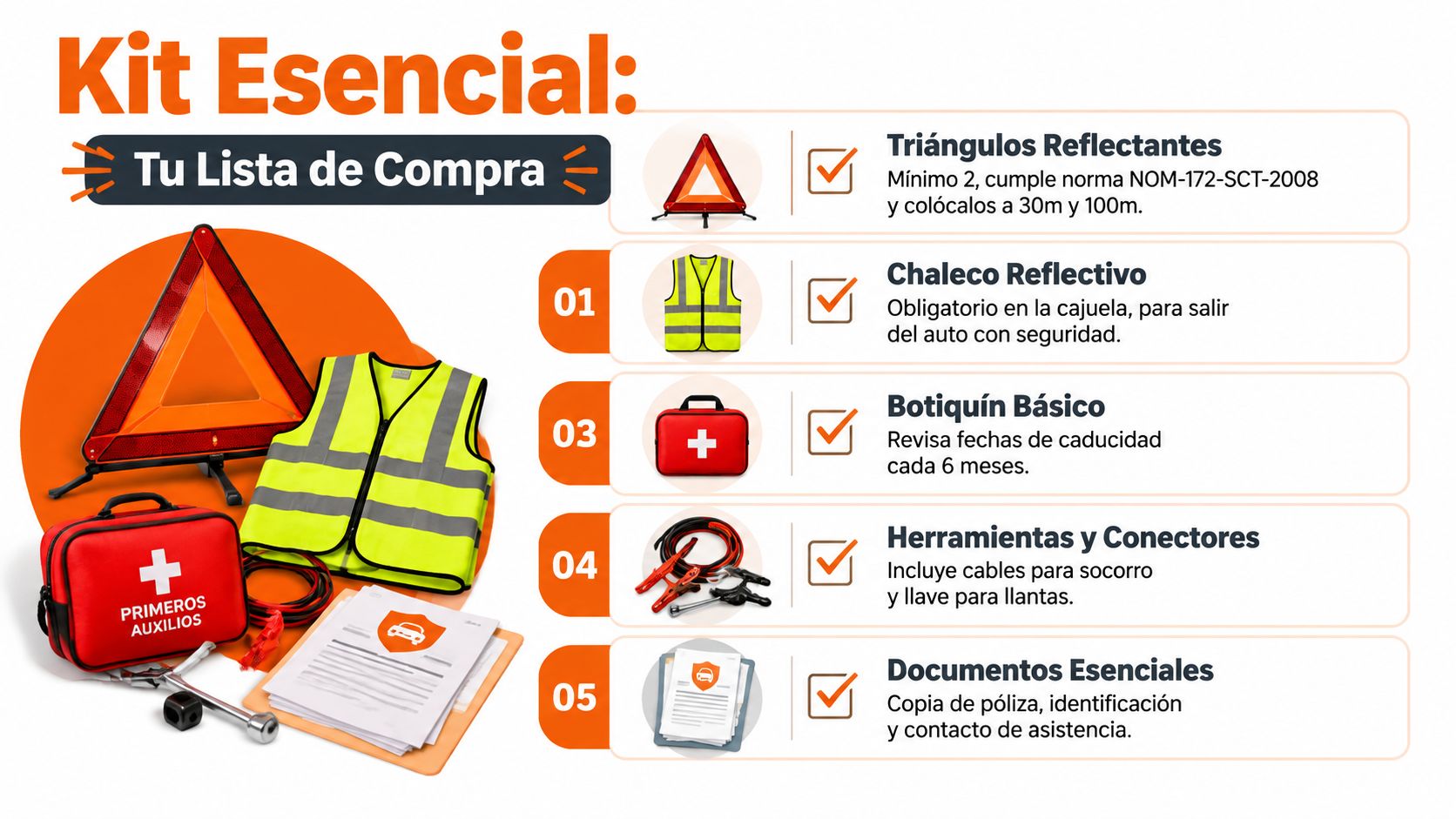 Lista de elementos esenciales para un kit de seguridad de automóvil, incluyendo triángulos, chaleco y herramientas.