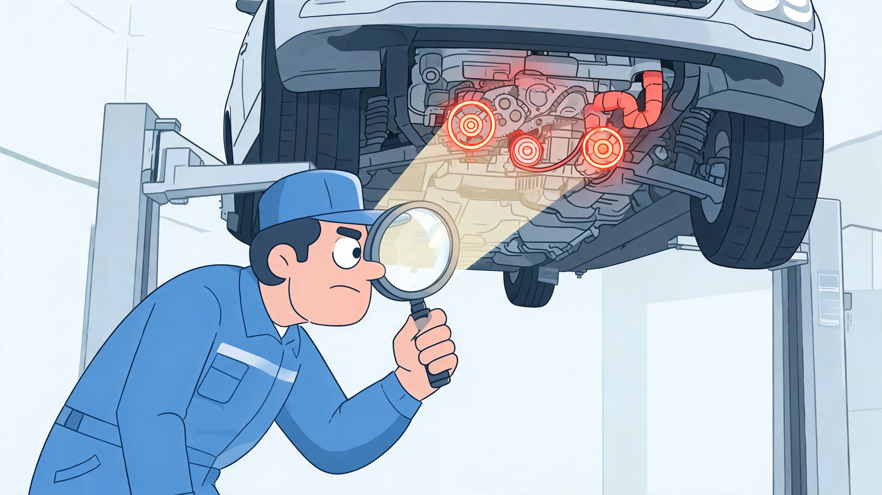 Mecánico inspeccionando con lupa los componentes mecánicos de un vehículo elevado en un taller de reparación.