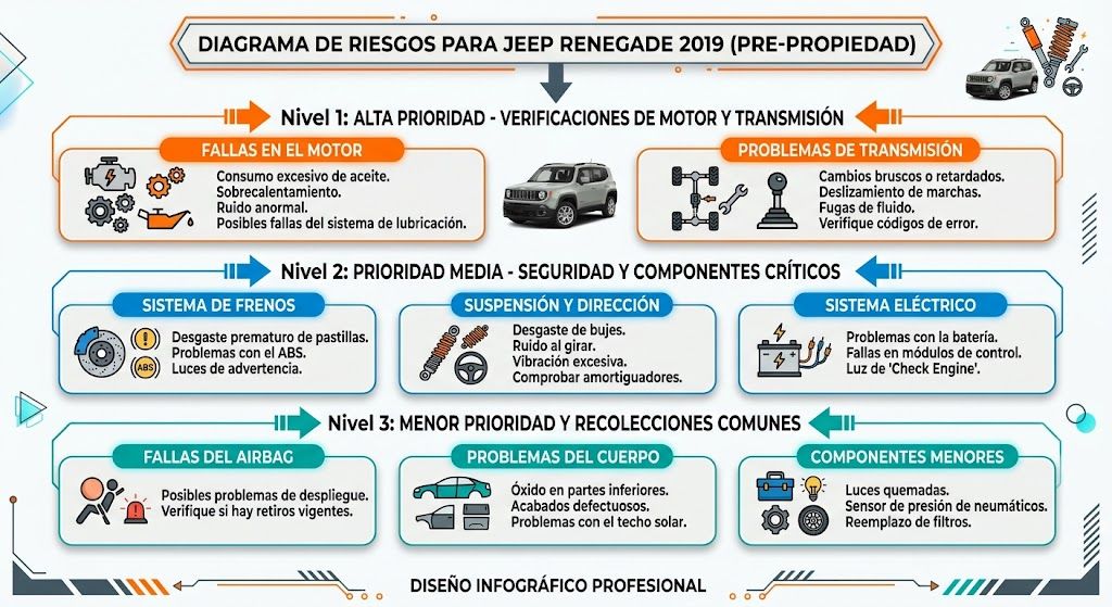 Infografía sobre los riesgos principales y puntos de inspección para comprar un Jeep Renegade 2019 usado.