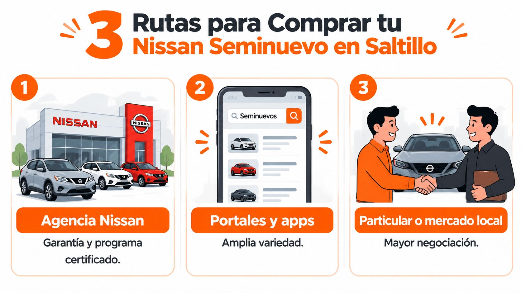 Infografía mostrando tres formas distintas para comprar un vehículo Nissan seminuevo en la ciudad de Saltillo.