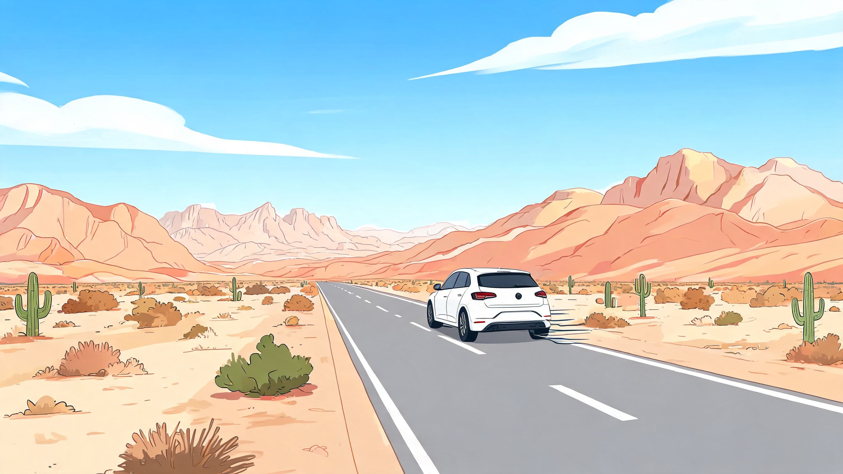 Un coche blanco conduce por una carretera solitaria en medio de un paisaje desértico con montañas al fondo.