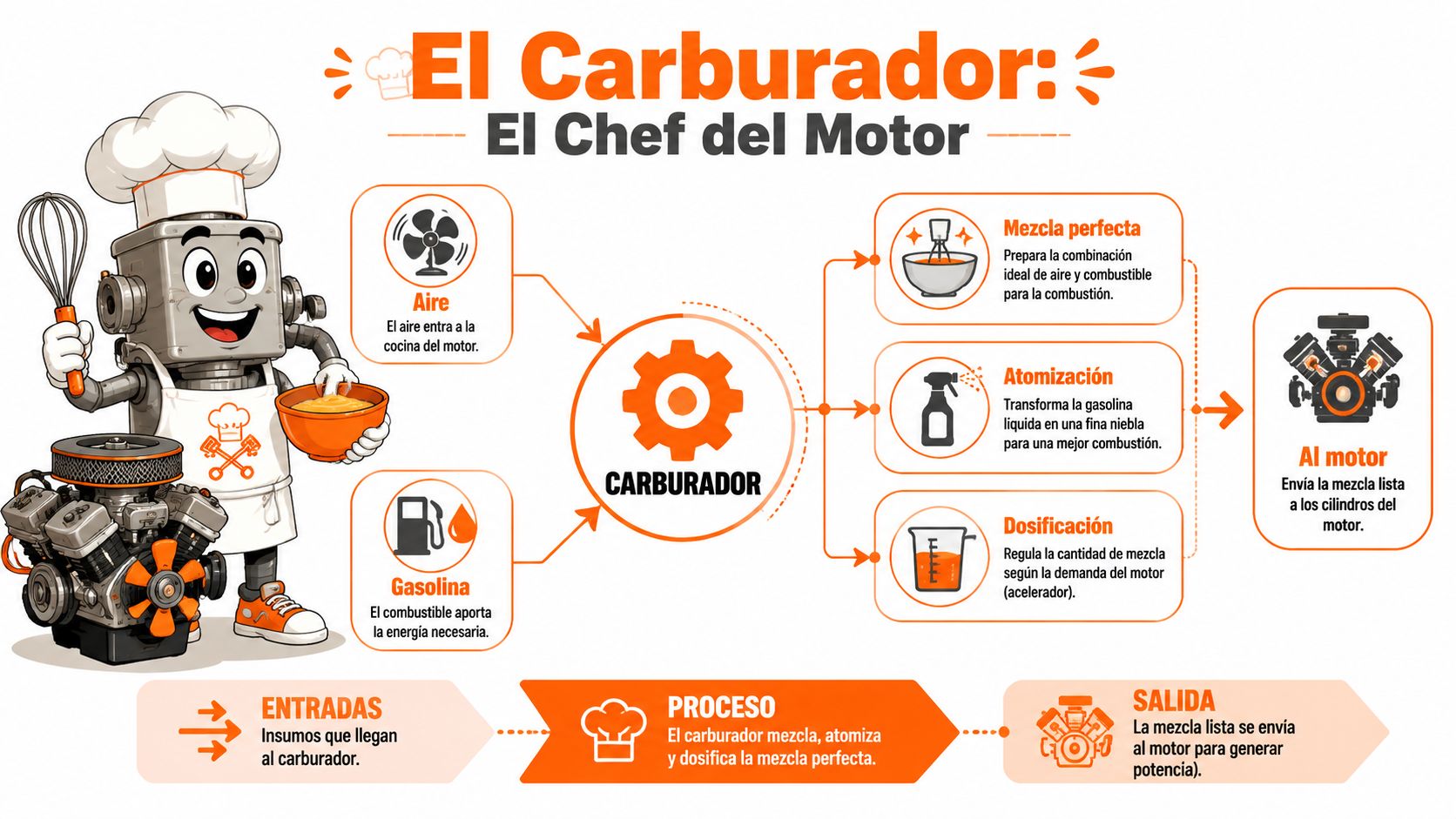 Infografía educativa que explica el funcionamiento del carburador en un motor mediante un personaje de chef.