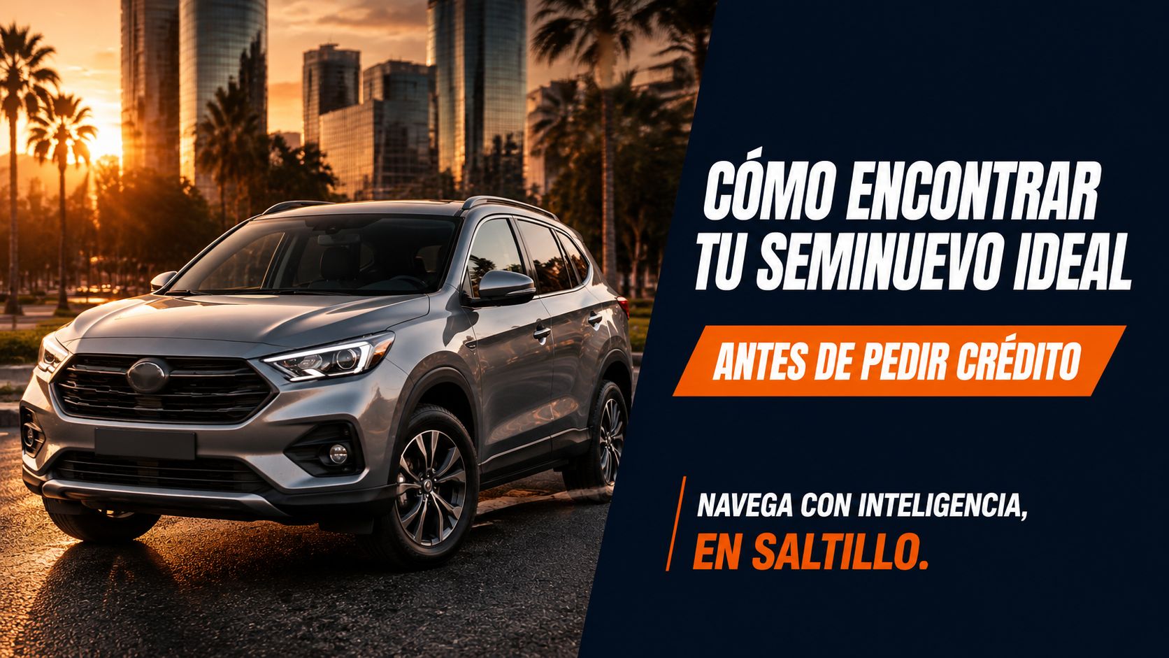 Una camioneta gris estacionada al atardecer en una ciudad, promocionando la compra inteligente de autos seminuevos en Saltillo.