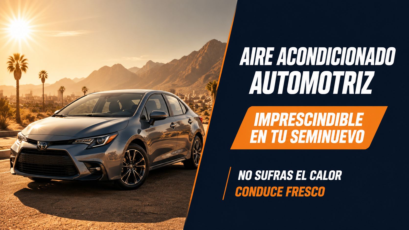 Un auto moderno estacionado frente a montañas bajo el sol, promocionando servicio de aire acondicionado automotriz.