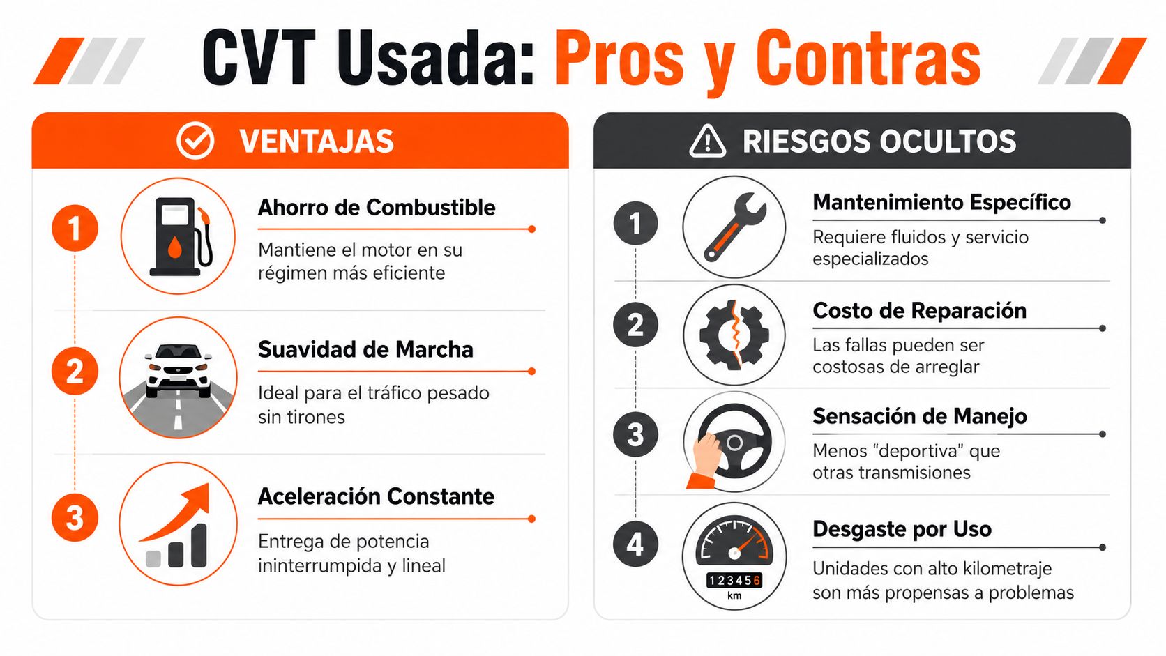 Infografía sobre las ventajas y los riesgos ocultos de comprar un vehículo con transmisión automática CVT usada.