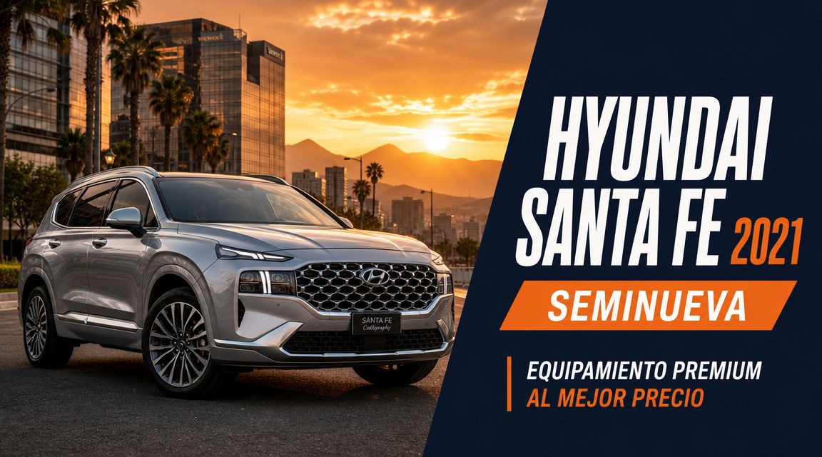Camioneta SUV Hyundai Santa Fe 2021 color plata estacionada en una ciudad durante la puesta de sol.