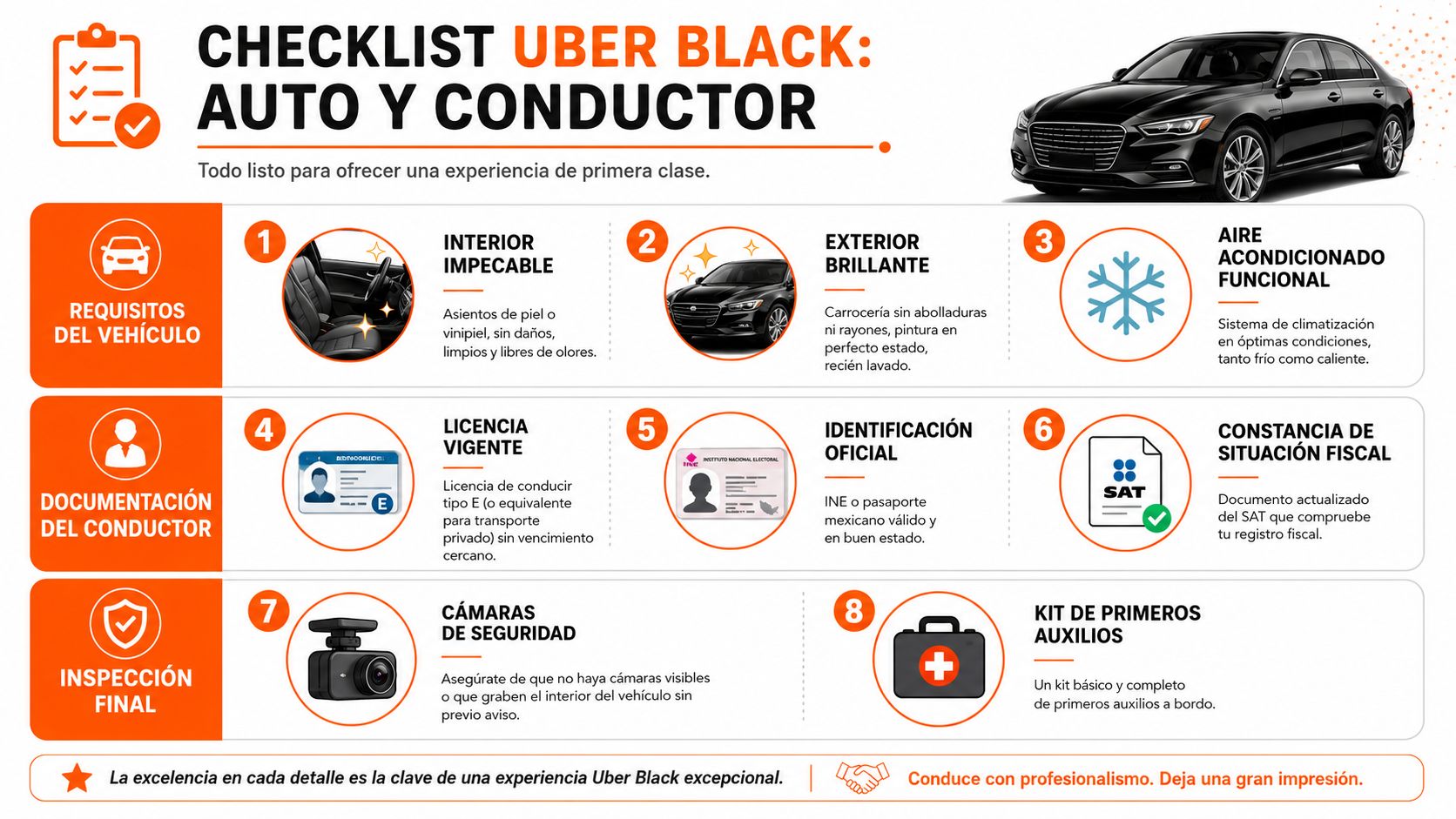 Lista de verificación oficial para vehículos y conductores de Uber Black para garantizar un servicio de calidad superior.