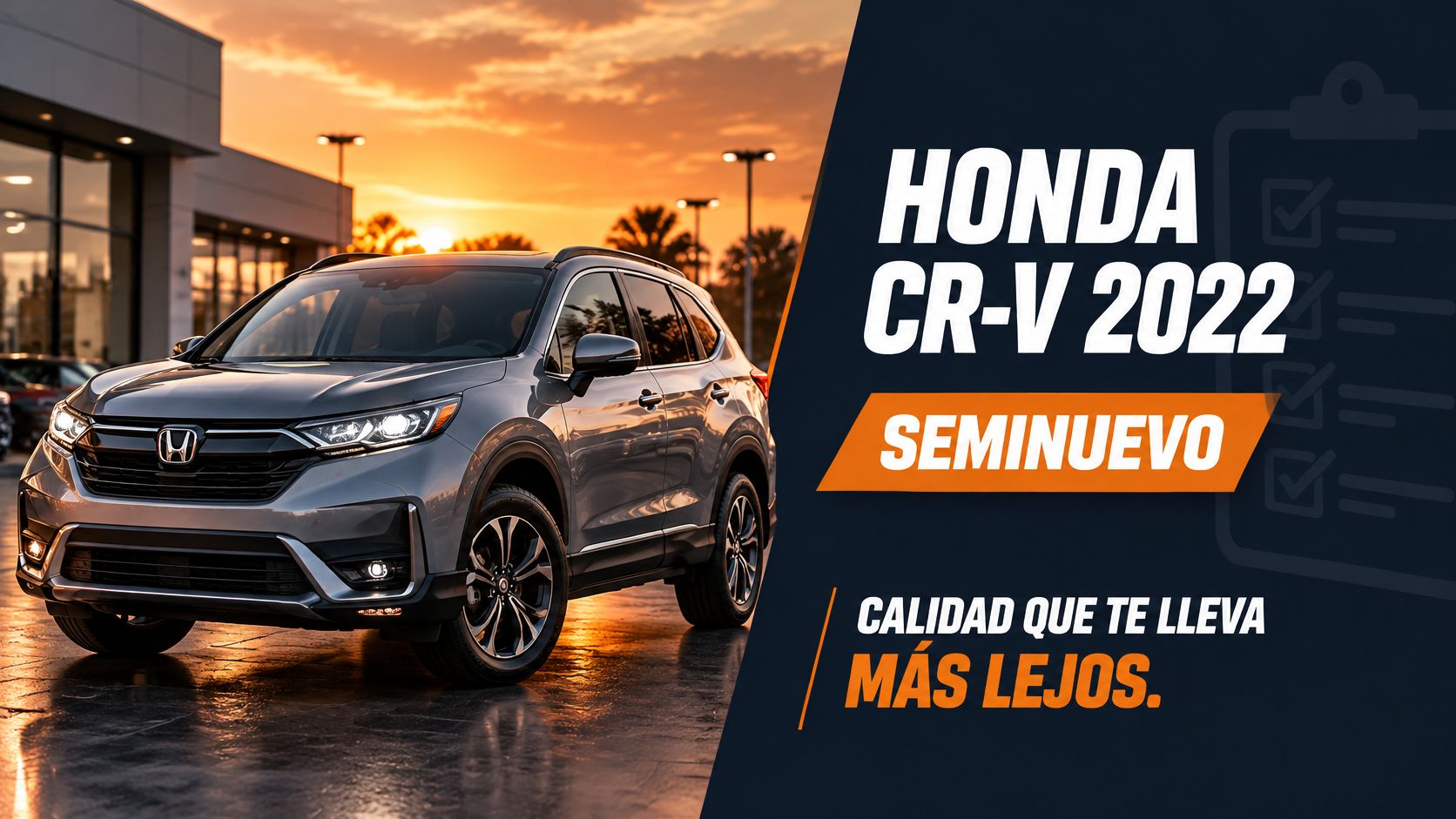 Una camioneta Honda CR-V 2022 color gris estacionada en un lote de autos durante el atardecer.