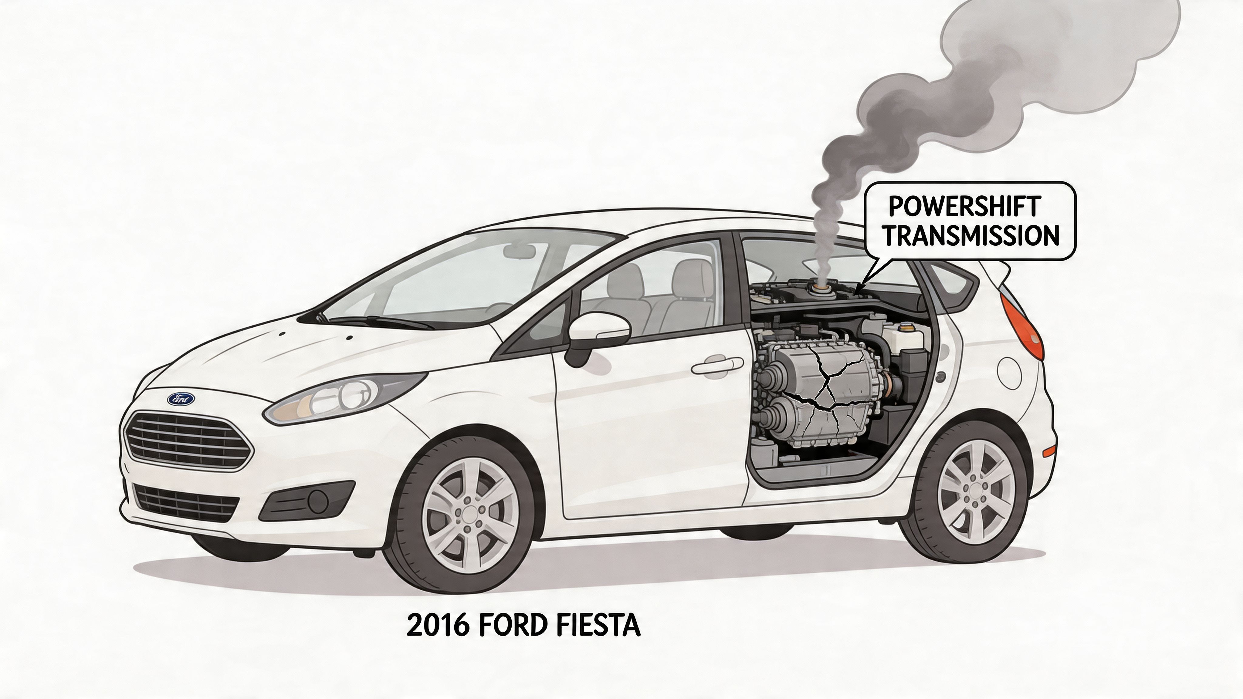 Ilustración de un Ford Fiesta 2016 con humo saliendo de la transmisión PowerShift dañada en el interior.