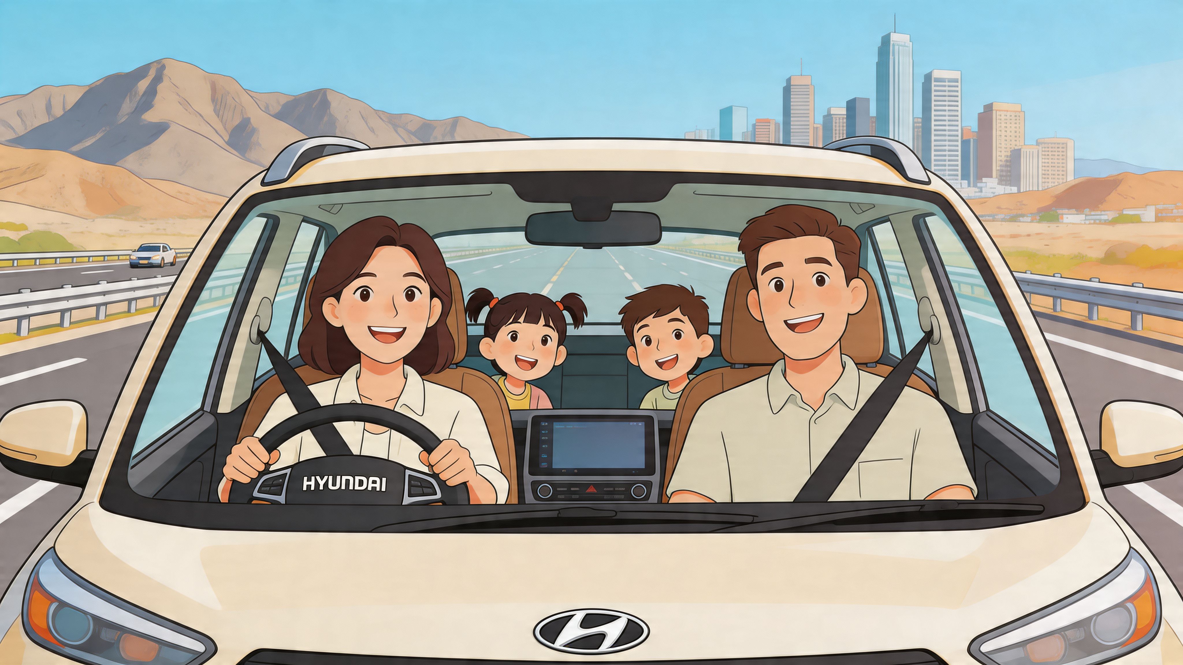 Una familia feliz viajando alegremente en un coche Hyundai con un paisaje urbano y montañoso al fondo.