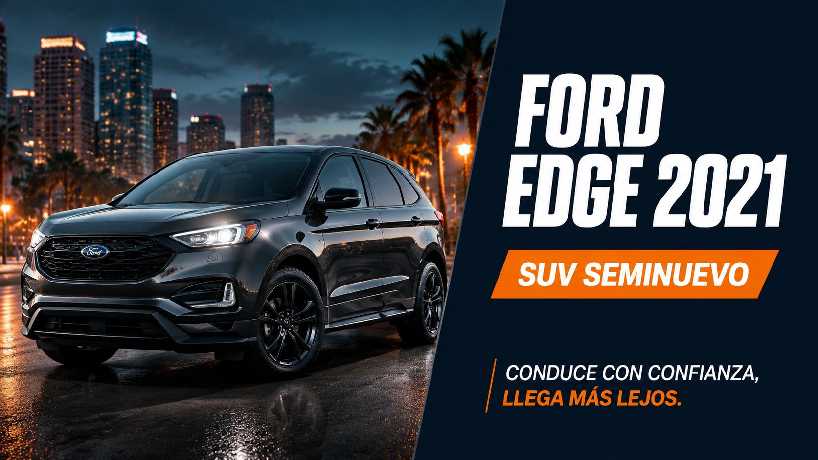 Una camioneta Ford Edge 2021 color negro estacionada en una ciudad durante el atardecer.