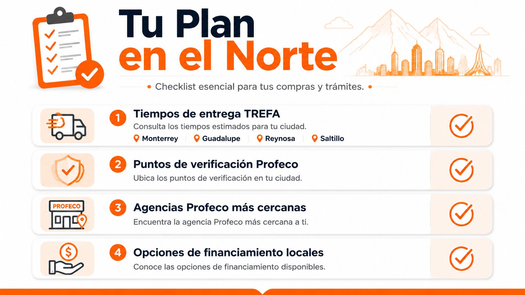 Lista de verificación para compras y trámites esenciales en ciudades del norte de México.