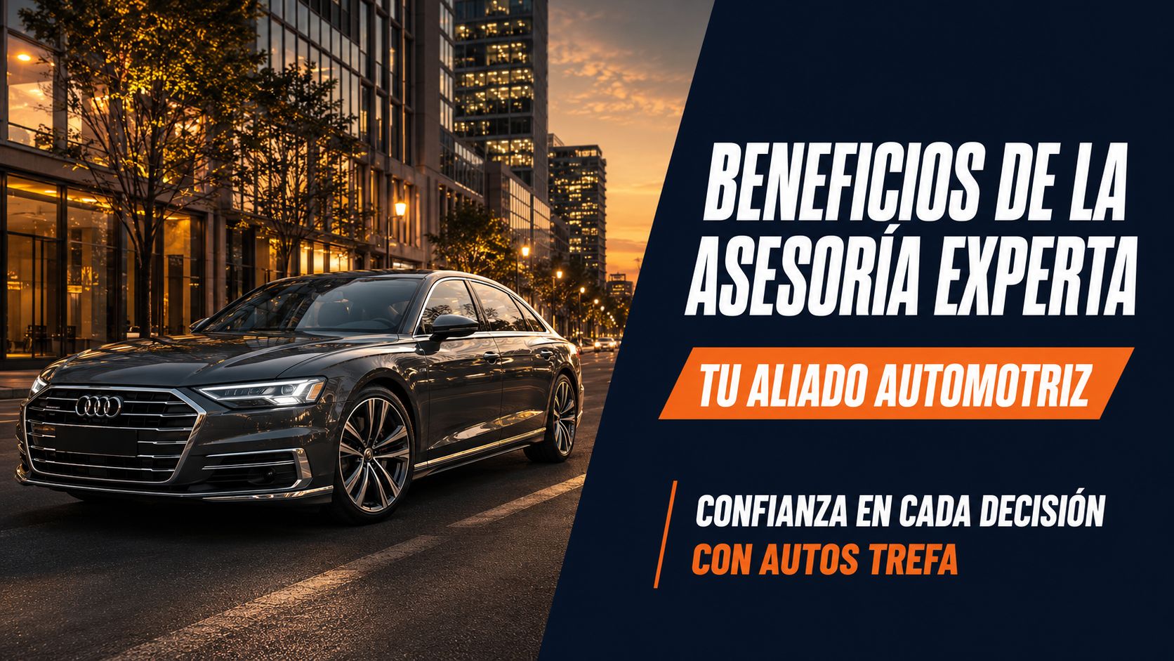 Un elegante coche Audi estacionado en una calle urbana al atardecer junto a un anuncio de asesoría.
