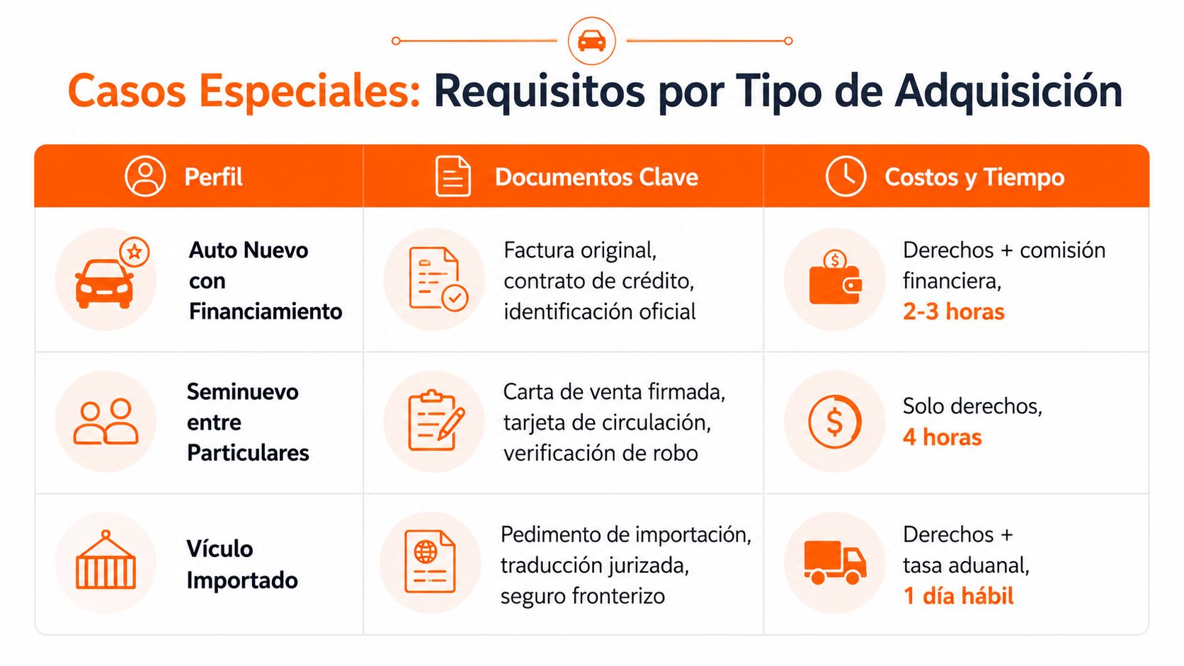 Tabla informativa sobre los requisitos, documentos y tiempos para trámites de alta vehicular según el tipo de adquisición.